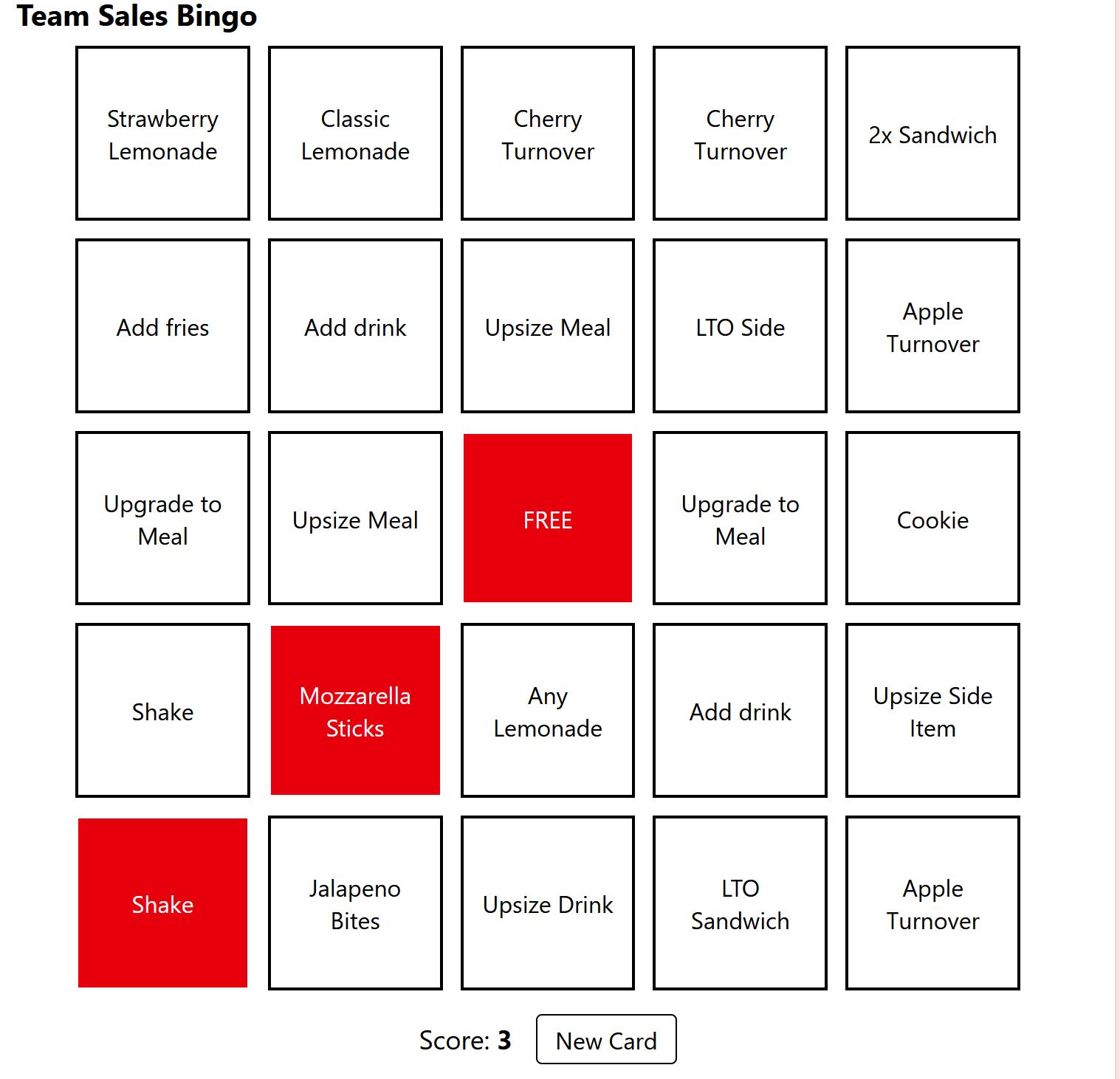 Arby's Performance Web App Bingo
