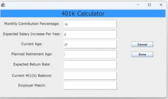 Financial Manager 401 Entry Page